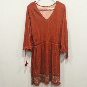 Garnet Hill Drop Waist Dress Size Medium Orange Red Floral Organic Cotton Boho